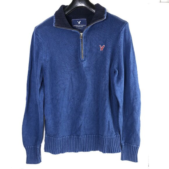American Eagle Mens Sweater Blue Size L 100% Cotton 1/4 zip Fisherman Barn Chore - Picture 1 of 5